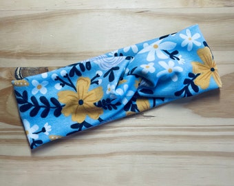 Blue and yellow floral, twist headband, nurse headband, adult turban, headbands for women, cute headband, stretchy, chunky, comfortable