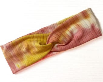 Sunrise Tie Dye, boho twist headband, handmade hair accessory womens, soft stretch fabric, stylish, comfortable, all day wear, nurse