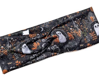 Ghost Cemetery, Halloween, Fall, Soft, Headbands for women, stretchy, knit, adult turban, chunky, nurse headband, Boho Reversible