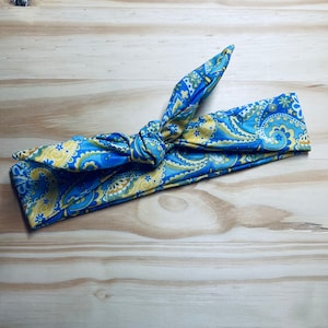 Yellow & Blue Paisley, tie on headband, nurse headband, adult turban, headbands for women, cute headband, Pin up, chunky, boho, comfortable