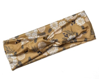 Mustard Floral, boho twist headband, handmade hair accessory womens, soft stretch fabric, stylish, comfortable, all day wear, nurse