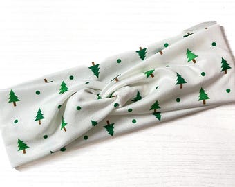 Christmas Tree, boho twist headband, handmade hair accessory womens, soft stretch fabric, stylish, comfortable, all day wear, nurse