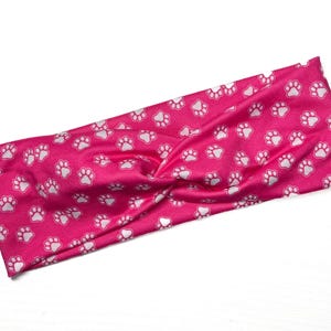 Pink paw prints, summer, twist headband, nurse headband, adult turban, headbands for women, cute headband, stretchy, dog mom