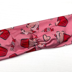 Pink XOXO cupcakes, spring, Valentines, twist headband, nurse headband, adult turban, headbands for women, cute headband, stretchy, hearts