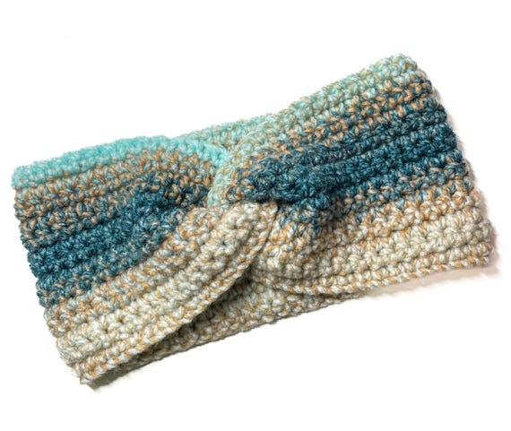 Handmade Knit Twist Headband: Chunky Blue Cream Ear Warmer  display picture 1