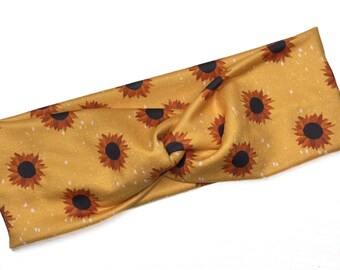 Sunflower, boho twist headband, handmade hair accessory womens, soft stretch fabric, stylish, comfortable, all day wear, nurse
