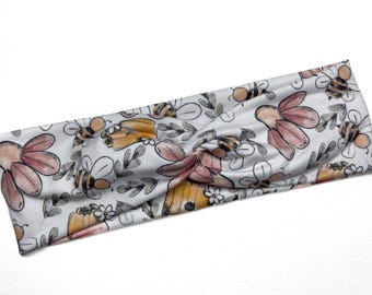 Floral Honey Bee Twist Headband: Stretchy Knit Turban
