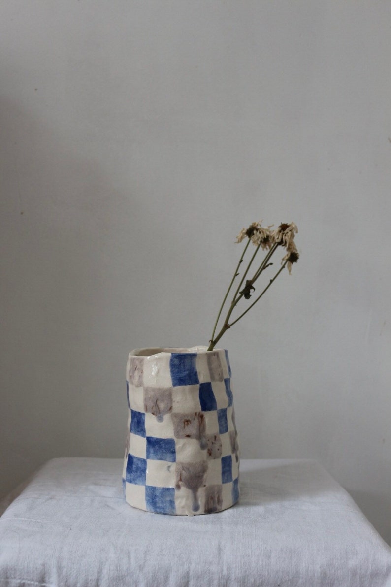 Blue&lilac checkered vase, Christmas gift, holiday gift, unique minimalist gift, home decor, vase, checkered design, xmas gift, present image 2