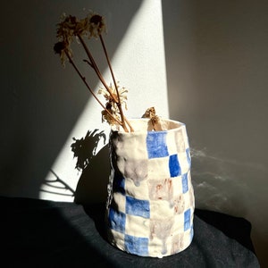 Blue&lilac checkered vase, Christmas gift, holiday gift, unique minimalist gift, home decor, vase, checkered design, xmas gift, present image 1