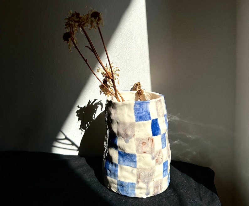 Blue&lilac checkered vase, Christmas gift, holiday gift, unique minimalist gift, home decor, vase, checkered design, xmas gift, present image 1