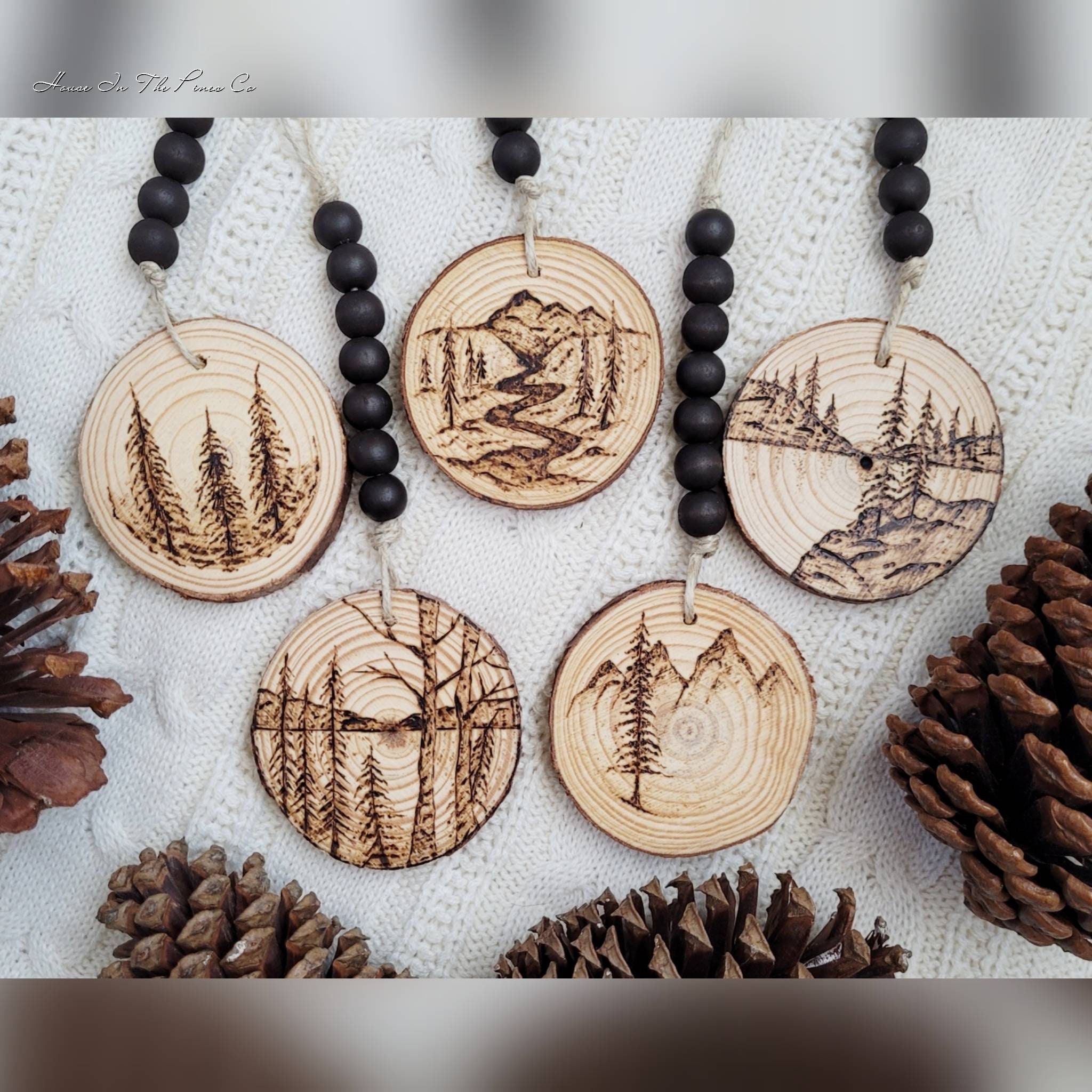 Wood Slice Ornament, Winter Trees 