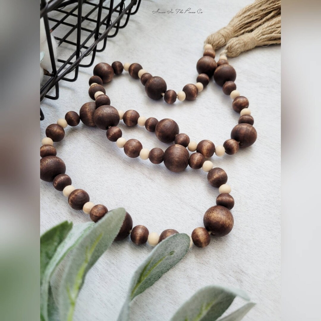 Farmhouse Fall Wood Bead Garland, Fall Home Decor, Stained Bead Garland