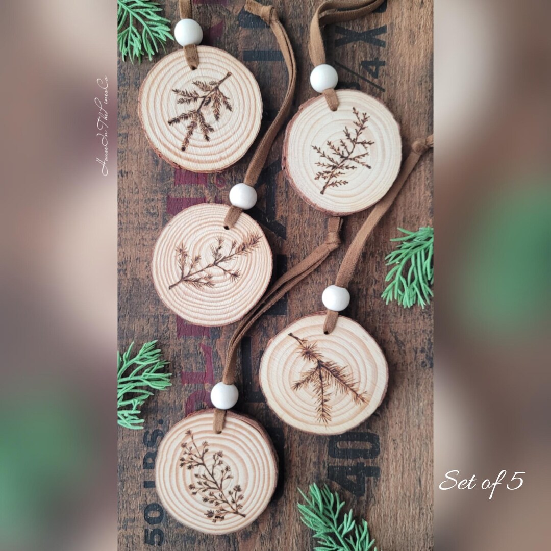 Wood Burned Pine Branch Ornaments, Wood Pine Slice Ornaments, Rustic ...