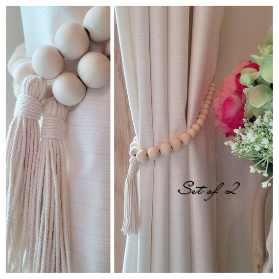 Wood Bead Curtain Holdbacks With Tassels Farmhouse Tie Backs Etsy