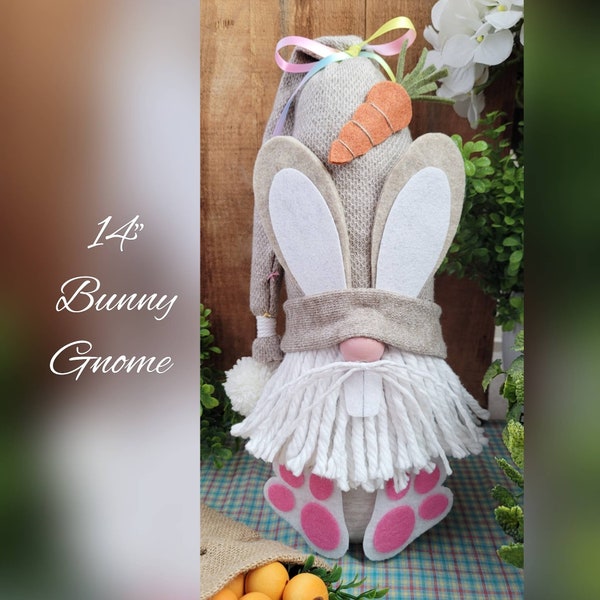 Farmhouse Bunny Gnome, Easter Bunny Gnome, Spring Bunny Gnome, Easter Tiered Tray Gnome, May Day Gift, Wood Bead Carrots, Spring Gnome Decor
