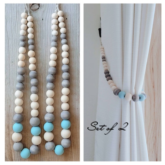 Gray Aqua Wood Bead Curtain Tie Backs TWO Beaded Curtain Etsy