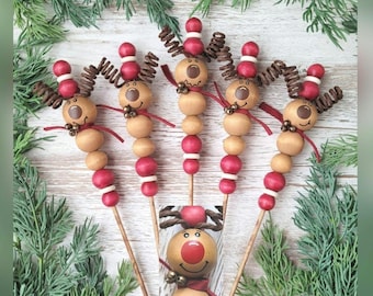 Reindeer Floral Picks, Wood Bead Reindeer Candy Cane Picks, Farmhouse Winter Arrangement Picks, Reindeer Ornaments, Reindeer Tier Tray Decor