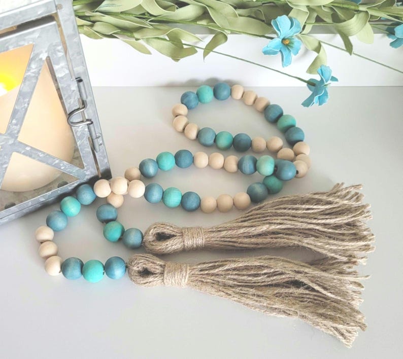Aqua Wood Bead Garland, Coastal Farmhouse Garland, Aqua Home Decor, Beach Tiered Tray Garland, Beach Bead Garland, Coastal Home Decor image 7