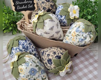 Handmade Fabric Strawberries Basket SET, Large Vintage Style Strawberries, Strawberry Bowl Fillers, Fabric Fruit, Strawberry Tier Tray