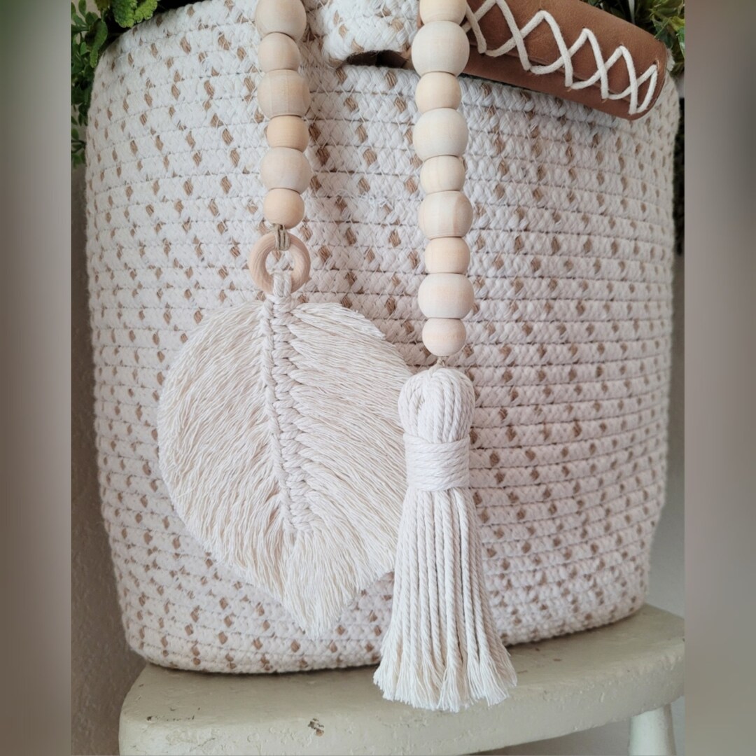Farmhouse Wood Bead Garland Macrame Feather Macrame Leaf - Etsy