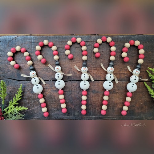 Snowman Wood Bead Candy Canes, Farmhouse Snowman Ornaments, Christmas Candy Cane Decor, Snowman Decor, Snowman Tiered Tray, Stocking Stuffer