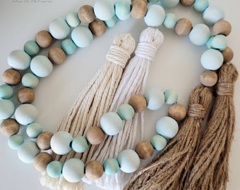 Farmhouse Wood Bead Garland, Coastal Wood Bead Garland, Aqua Bead Garland, Coastal Home Decor, Tiered Tray Wood Beads, Beach Bead Garland