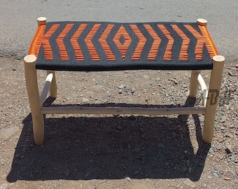 Moroccan wooden bench, Handmade bench, woven bench made of Macrame, wood bench, entryway bench,boho bench, Natural stool, moroccan decor.