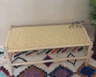 Moroccan wooden bench, Handmade bench, woven bench made of Macrame , wood bench, entryway bench,boho bench, Natural stool, moroccan decor.