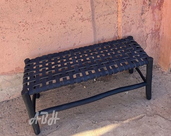 Moroccan bench in solid wood in natural leather