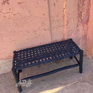 Moroccan bench in solid wood in natural leather