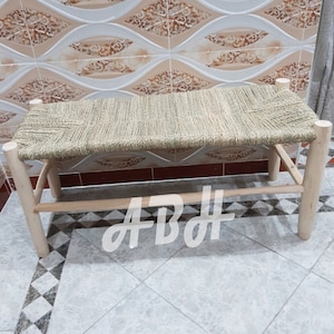 Moroccan wooden bench, Handmade rattan bench, wood bench, entryway bench,boho bench, Natural stool, moroccan decor.