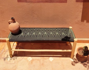 Moroccan wooden bench, Handmade bench, woven bench made of Macrame , wood bench, entryway bench,boho bench, Natural stool, moroccan decor.
