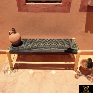 Moroccan wooden bench, Handmade bench, woven bench made of Macrame , wood bench, entryway bench,boho bench, Natural stool, moroccan decor.