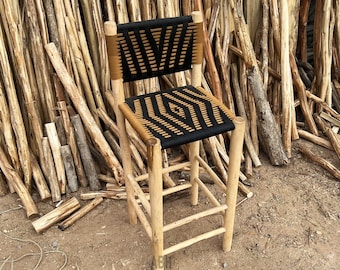 Moroccan Macrame bar stool, handmade wood bar stools, bar stool with backs, bar accessories, bar gifts.