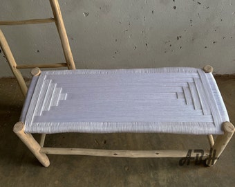 Moroccan wooden bench made of white Macrame