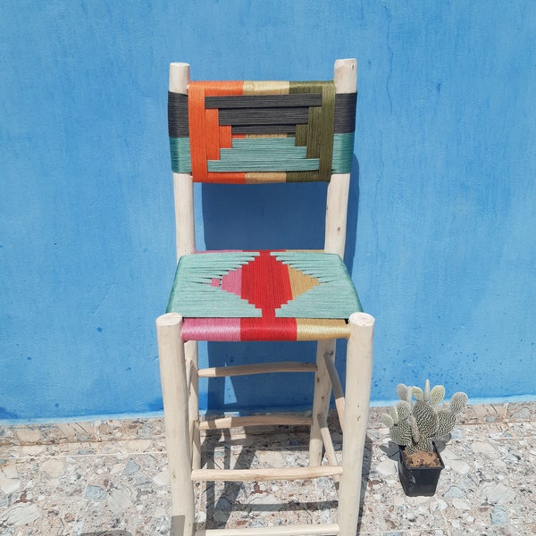Moroccan Macrame bar stool, handmade wood bar stools, bar stool with backs, bar accessories, bar gifts.