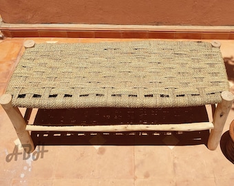 Moroccan wooden bench, Handmade rattan bench, wood bench, entryway bench,boho bench, Natural stool, moroccan decor.