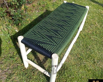 Moroccan wooden bench, Handmade bench, woven bench made of Macrame , wood bench, entryway bench,boho bench, Natural stool, moroccan decor.