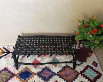 Moroccan bench in solid wood in natural leather