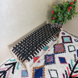 Moroccan bench in solid wood in natural leather