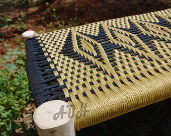 Moroccan wooden bench, Handmade bench, woven bench made of Macrame , wood bench, entryway bench,boho bench, Natural stool, moroccan decor.