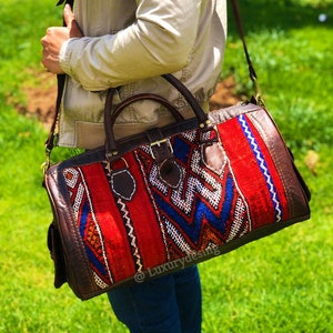Travel adventure Leather Bag, kilim boho Weekend bag, Carpet bag , boho bag, rug design, vintage carpet, stylish Handbag