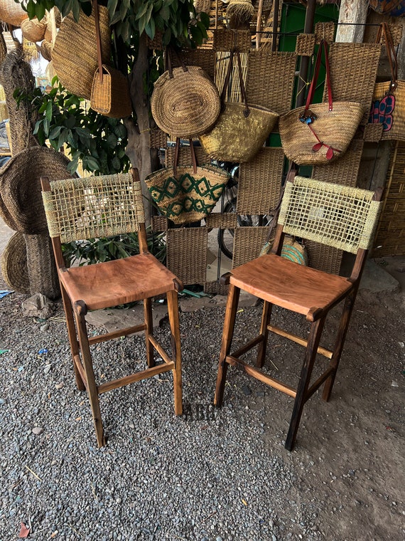 Moroccan leather bar stool, handmade wood bar stools, bar stool with backs, bar accessories, bar gifts.