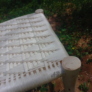 Moroccan wooden bench, Handmade bench, woven bench made of Macrame , wood bench, entryway bench,boho bench, Natural stool, moroccan decor.