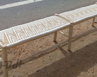 Moroccan wooden bench, Handmade bench, woven bench made of Macrame