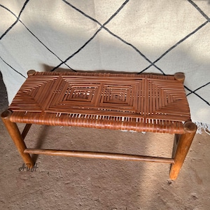 Moroccan wooden bench, Handmade leather bench, wooden bench, entryway bench, boho bench, natural stool, Moroccan decor
