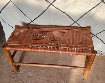 Moroccan wooden bench, Handmade leather bench, wooden bench, entryway bench, boho bench, natural stool, Moroccan decor
