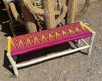 Moroccan wooden bench, Handmade bench, woven bench made of Macrame , wood bench, entryway bench,boho bench, Natural stool, moroccan decor.