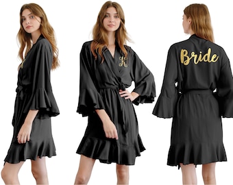 Black Ruffle Lace Bridesmaid Robes, Satin ruffle robes, Bridal robes, Robe for Bride, Bridal Party Wedding Robes, Monogram Robes, Black Robe