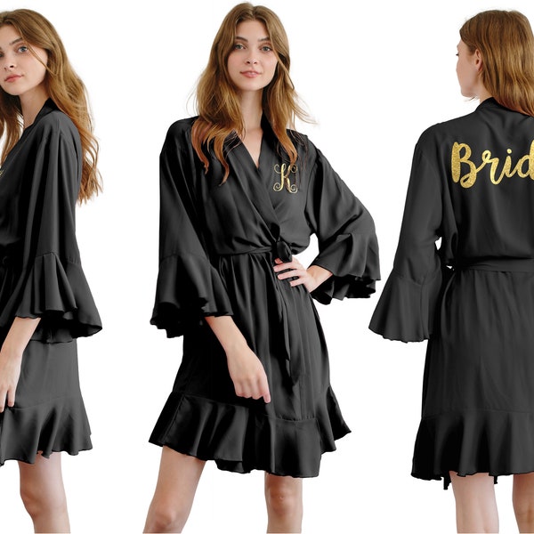 Black Ruffle Lace Bridesmaid Robes, Satin ruffle robes, Bridal robes, Robe for Bride, Bridal Party Wedding Robes, Monogram Robes, Black Robe